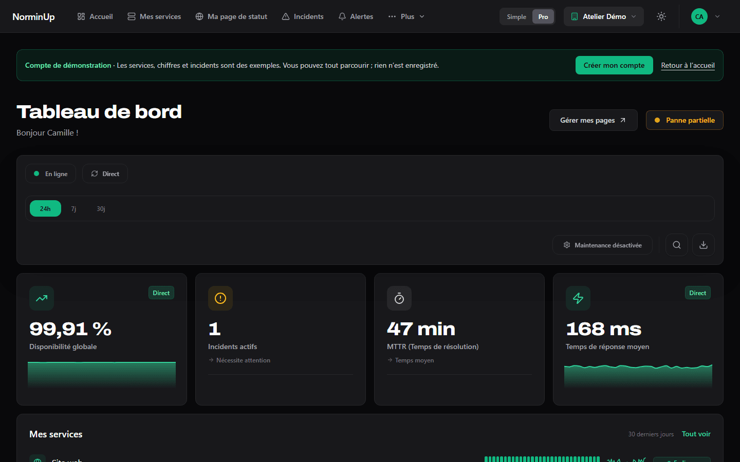 Vue Pro du tableau de bord : disponibilité globale, incidents actifs, temps de résolution et temps de réponse moyen.