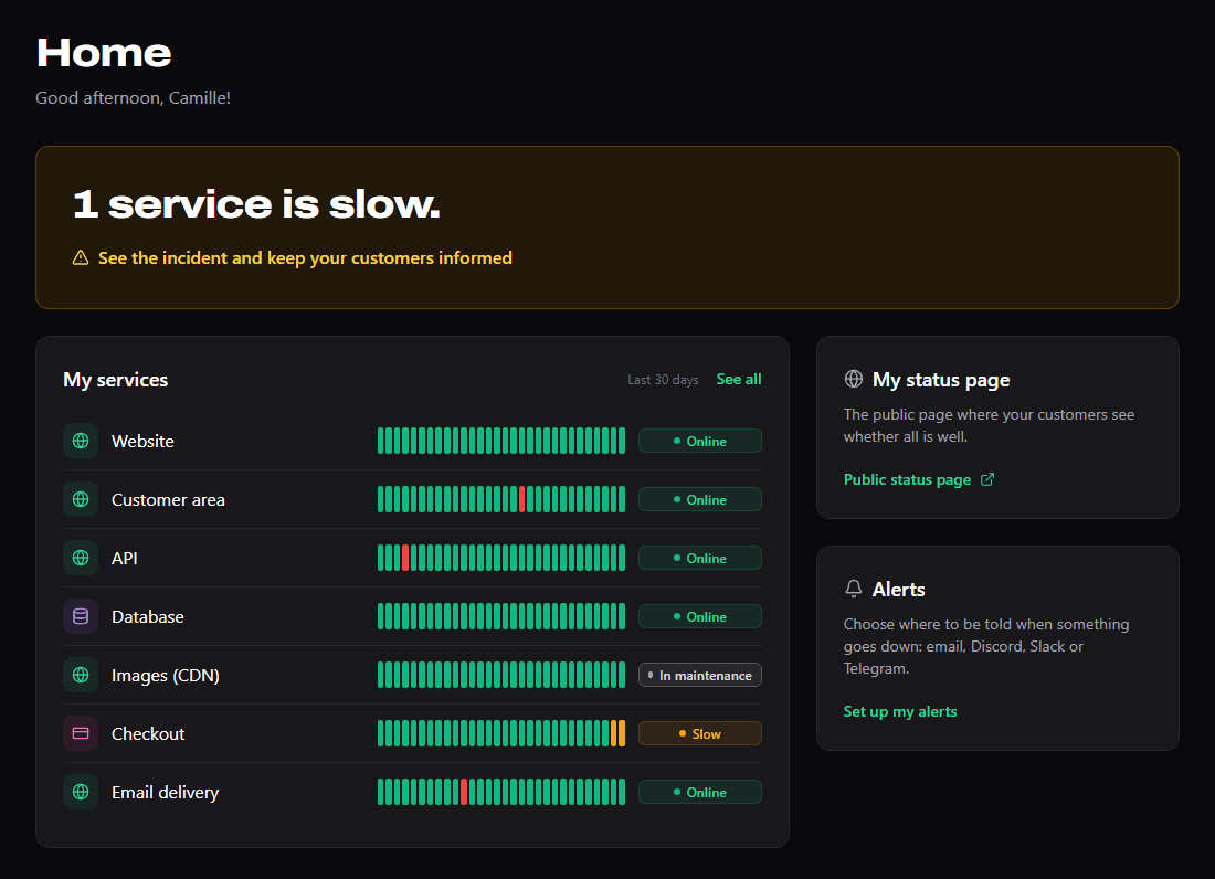 NorminUp dashboard home: a slow service flagged at the top, then the list of services and their state.