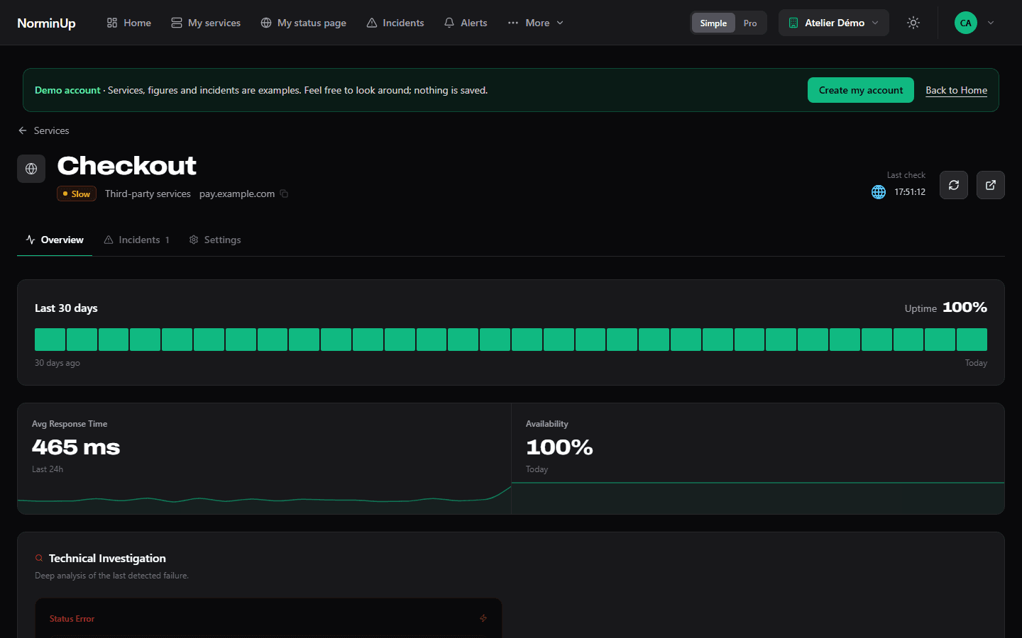 Page of the checkout service, slow, with its response time and the diagnosis of the last check.